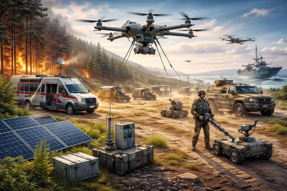 Military aircraft and ground units operating in a coordinated defence environment.