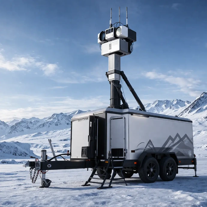 ARCUS Arctic Mobile Counter Drone System trailer deployed in Arctic environment