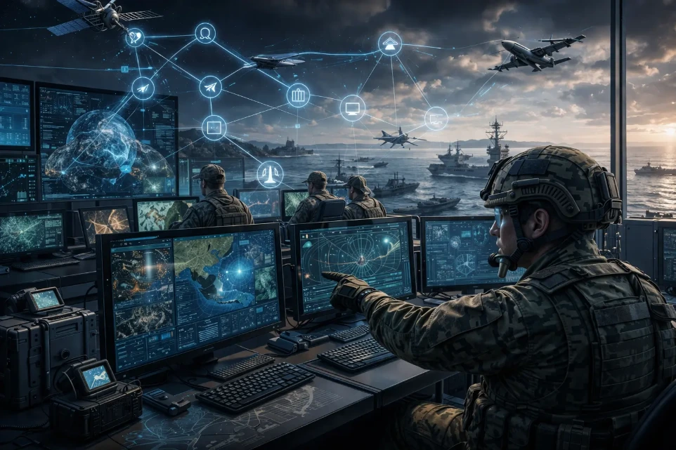 C4ISR systems integration command center with multi-domain intelligence, surveillance, and defence operations dashboards