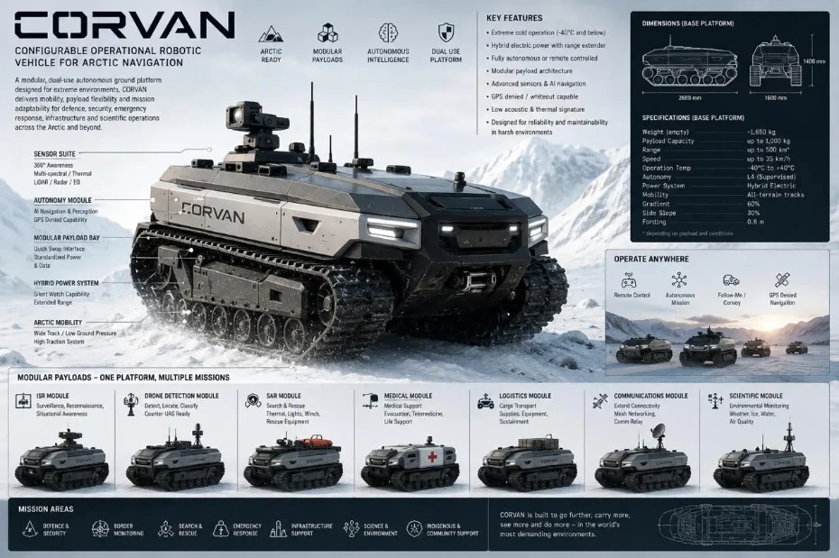 CORVAN Arctic autonomous ground platform overview showing modular payloads, technical specifications, and mission capabilities.