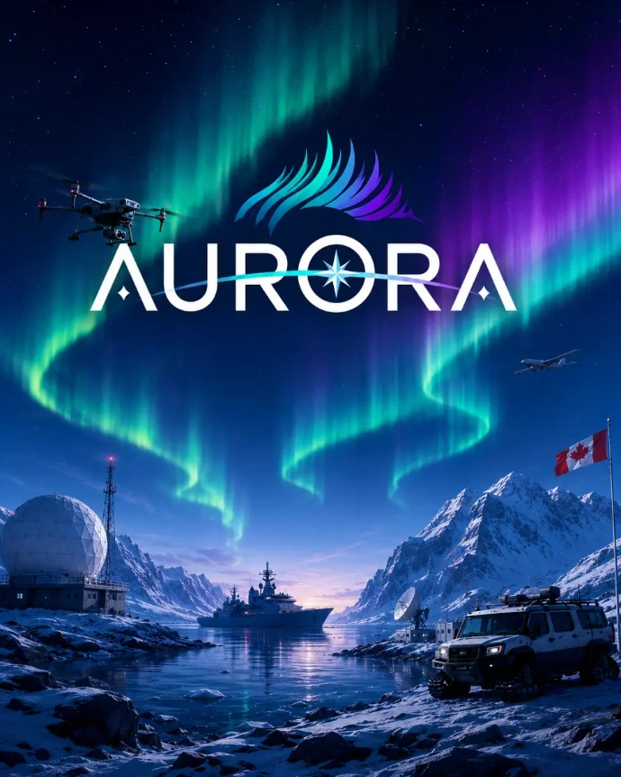 AURORA Arctic Unified Operations, Research &amp; Readiness Academy visual showing northern lights, Arctic infrastructure, drone, ship, and Canadian Arctic operations